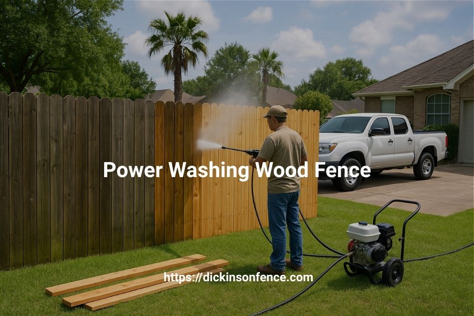 image of fence contractor power washing with a pressure washer to clean wood fence pickets